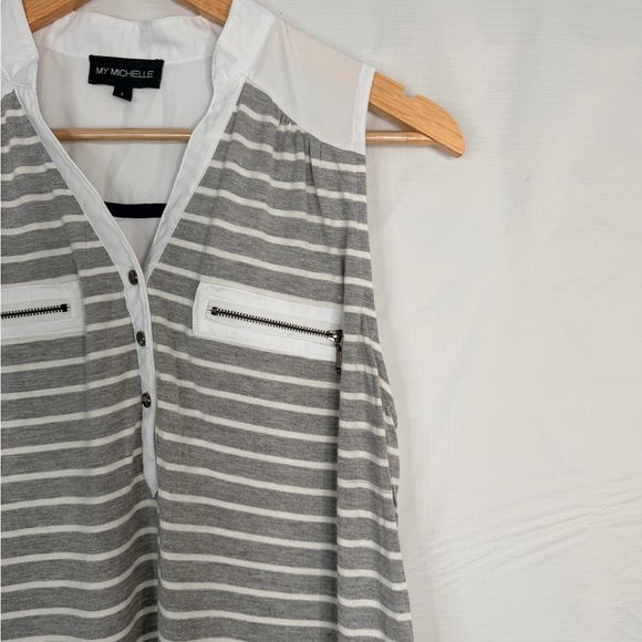My Michelle Womens L Striped Sleeveless Blouse Zip Pocket High Low - Picture 3 of 8